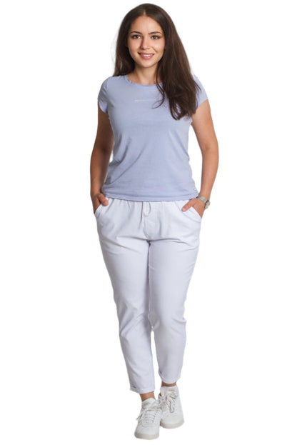 Бели прави дамски панталони до глезена с ластик и връзки - Maxi Market