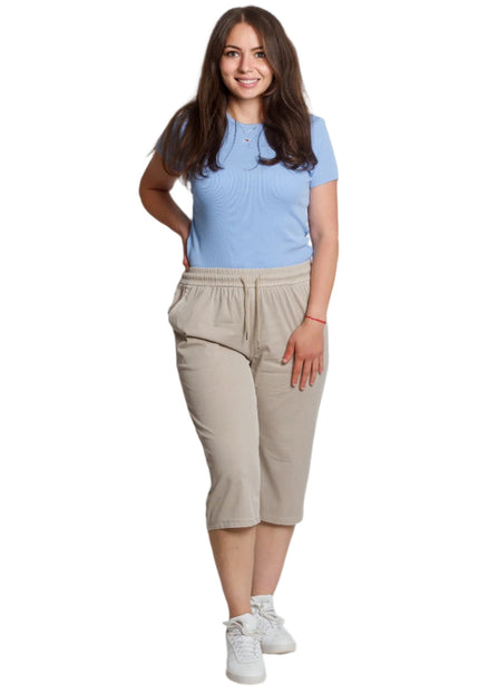 Бежов еластичен панталон с висока талия и връзки - Maxi Market