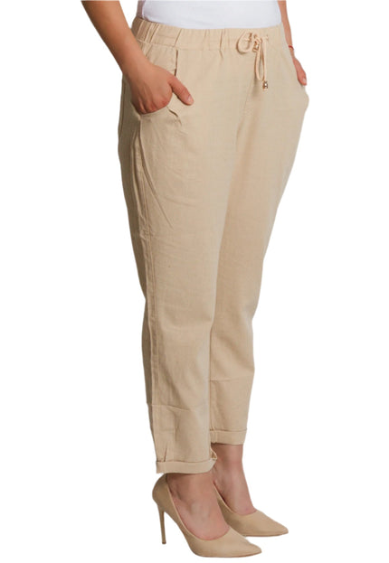Бежов ленен панталон с джобове и връзки в големи размери - Maxi Market