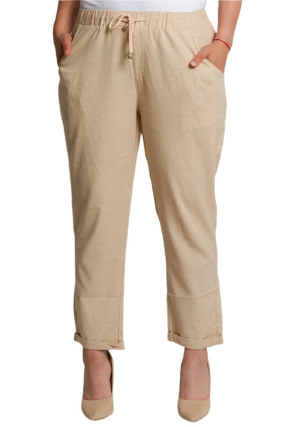 Бежов ленен панталон с джобове и връзки в големи размери - Maxi Market