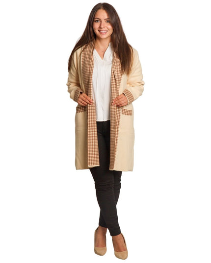 Бежова жилетка без закопчаване с джобове и каре детайли - Maxi Market