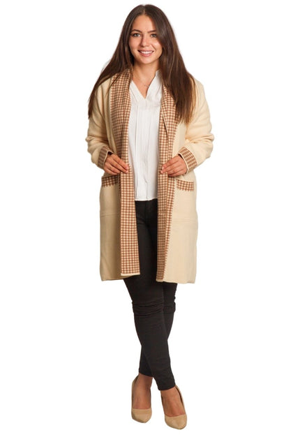 Бежова жилетка без закопчаване с джобове и каре детайли - Maxi Market