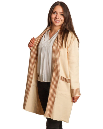 Бежова жилетка без закопчаване с джобове и каре детайли - Maxi Market