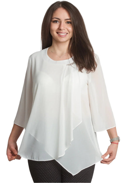 Бяла официална макси туника от шифон с брошка и 3/4 ръкави - Maxi Market