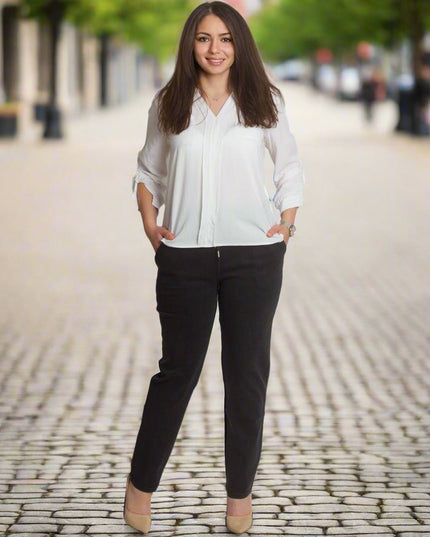 Черен дамски панталон с ластик и връзки в големи размери - Maxi Market