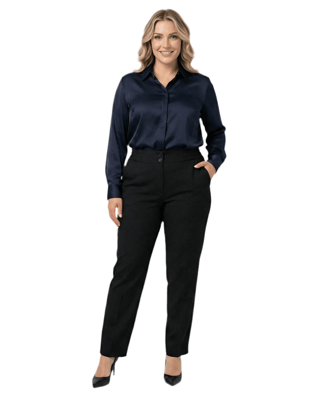 Черен официален дамски панталон с права кройка и функционални джобове, представен върху модел в цял ръст на бял фон.