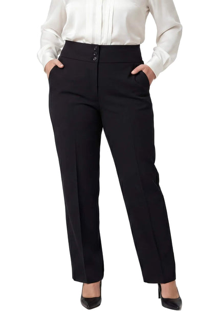 Черен официален дамски панталон с висока талия, ръб и три декоративни копчета на колана, сниман отпред на бял фон.