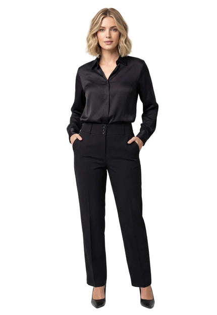 Черен официален дамски панталон с ръб и висока талия с три копчета, представен върху модел в цял ръст.