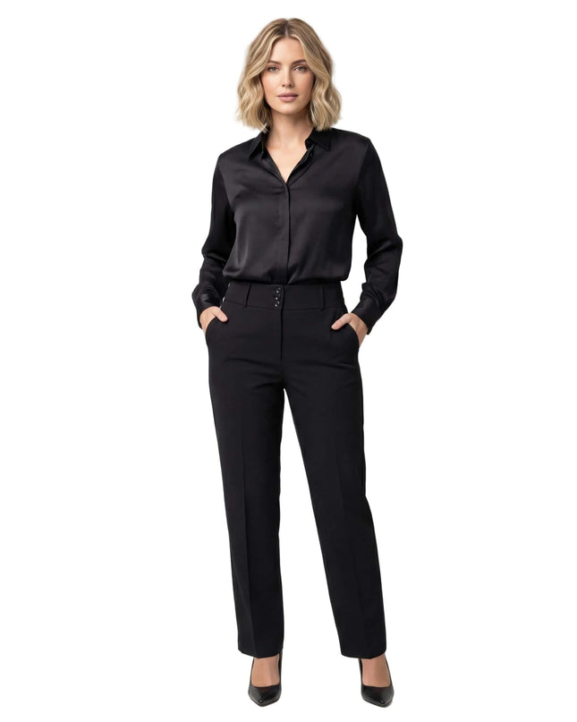 Черен официален дамски панталон с ръб и висока талия с три копчета, представен върху модел в цял ръст.