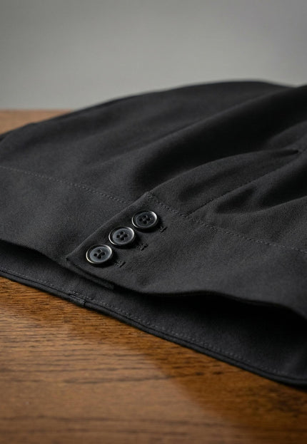 Детайлен кадър на широкия колан с три копчета на черен официален дамски панталон, сгънат върху дървена маса.