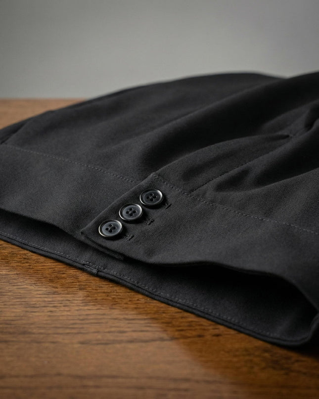 Детайлен кадър на широкия колан с три копчета на черен официален дамски панталон, сгънат върху дървена маса.