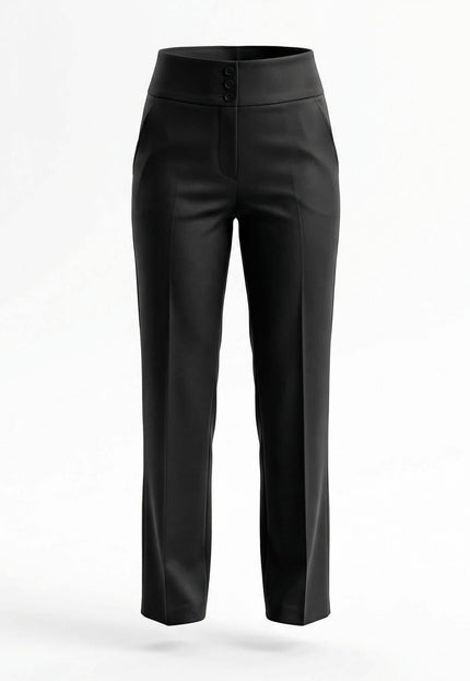 Черен официален дамски панталон с ръб и широк колан с три декоративни копчета, заснет в цял ръст отпред на бял фон.