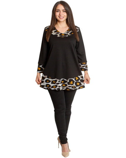 Черна елегантна туника с животински принт и свободна кройка - Maxi Market