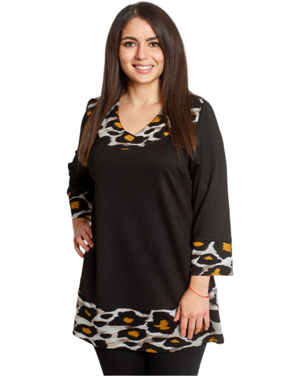 Черна елегантна туника с животински принт и свободна кройка - Maxi Market