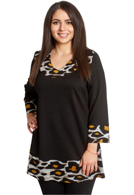 Черна елегантна туника с животински принт и свободна кройка - Maxi Market