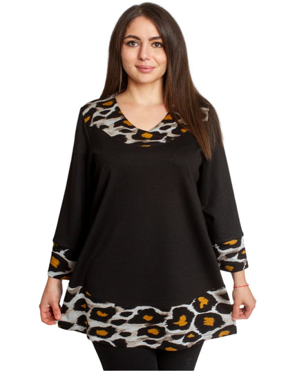 Черна елегантна туника с животински принт и свободна кройка - Maxi Market