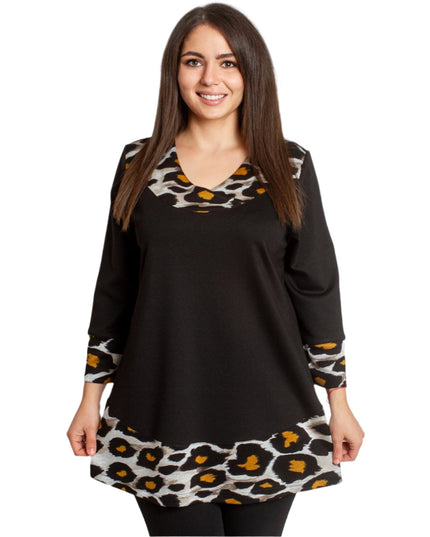 Черна елегантна туника с животински принт и свободна кройка - Maxi Market