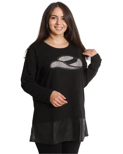 Черна елегантна туника в макси размери - С щампа - Maxi Market