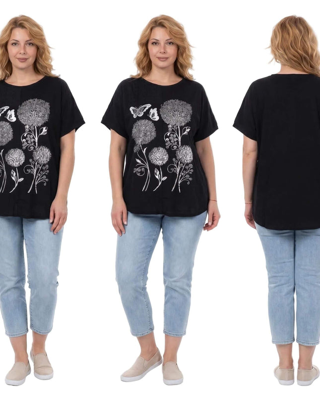 Колаж от три изгледа в цял ръст на черна лятна макси туника с ефектна сребриста апликация на цветя, представена на бял фон.