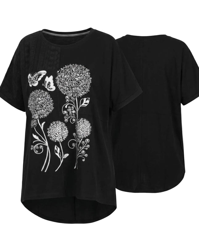 Плосък кадър на черна лятна макси туника с апликация на цветя, показващ предната и задната част на дрехата на бял фон.