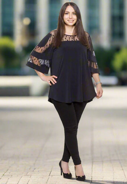 Черна официална туника с тюл на точки и 3/4 ръкави - Maxi Market