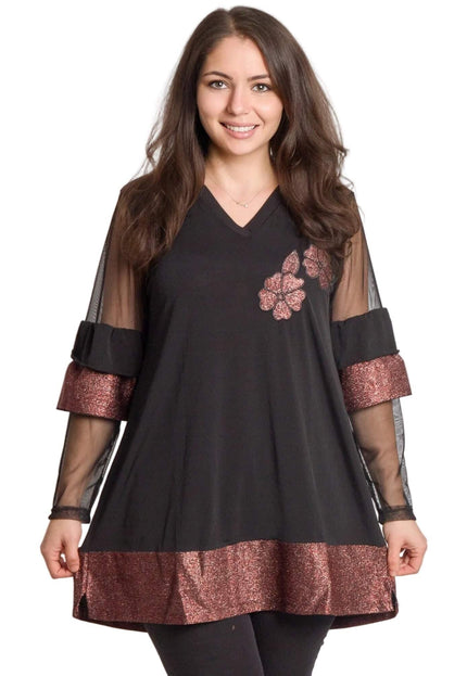 Черна официална туника с тюлени ръкави, блестящи цветя и маншети с металически ефект, заснета отпред на бял фон.