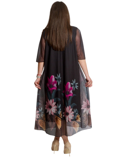 Черна разкроена шифонена рокля на цветя в макси размери - Maxi Market