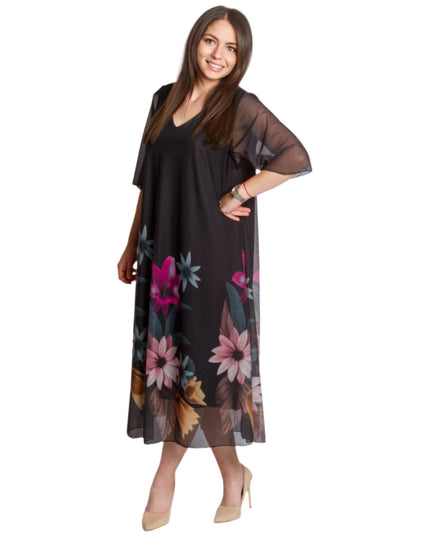 Черна разкроена шифонена рокля на цветя в макси размери - Maxi Market