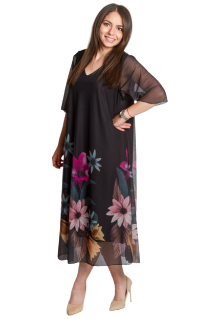Черна разкроена шифонена рокля на цветя в макси размери - Maxi Market