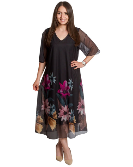 Черна разкроена шифонена рокля на цветя в макси размери - Maxi Market