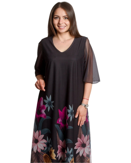 Черна разкроена шифонена рокля на цветя в макси размери - Maxi Market