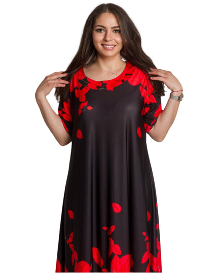 Черна рокля на червени цветя с ефирна свободна кройка - Maxi Market