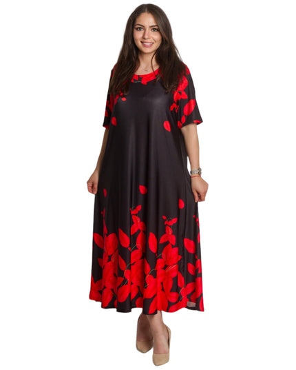 Черна рокля на червени цветя с ефирна свободна кройка - Maxi Market