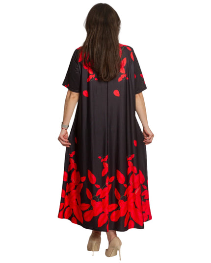 Черна рокля на червени цветя с ефирна свободна кройка - Maxi Market