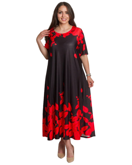 Черна рокля на червени цветя с ефирна свободна кройка - Maxi Market