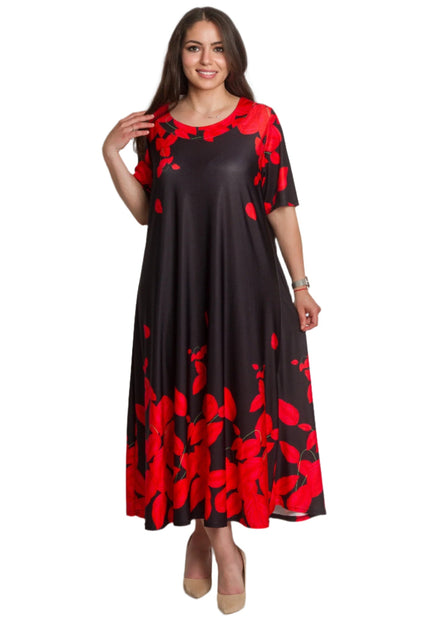 Черна рокля на червени цветя с ефирна свободна кройка - Maxi Market