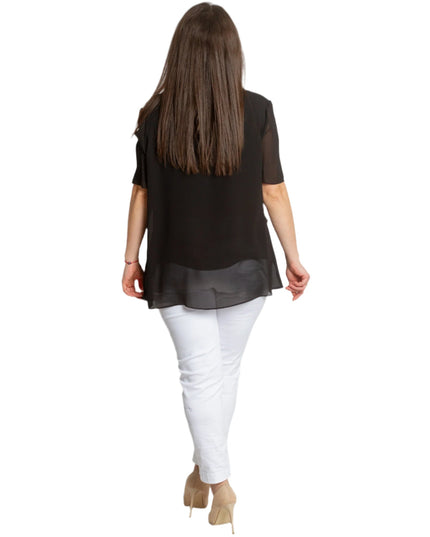 Черна шифонена макси туника с брошка и свободна кройка - Maxi Market