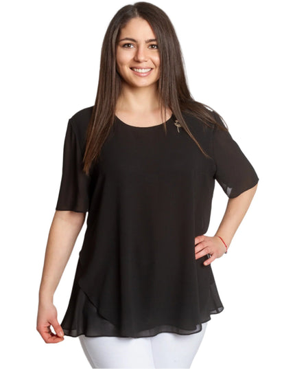 Черна шифонена макси туника с брошка и свободна кройка - Maxi Market