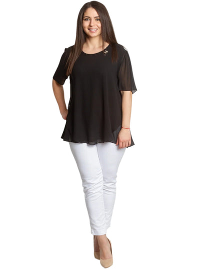 Черна шифонена макси туника с брошка и свободна кройка - Maxi Market