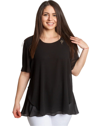 Черна шифонена макси туника с брошка и свободна кройка - Maxi Market