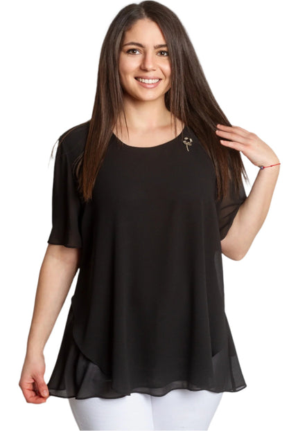 Черна шифонена макси туника с брошка и свободна кройка - Maxi Market