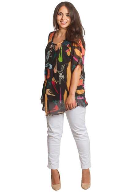 Черна шифонена туника в големи размери с абстрактен десен - Maxi Market