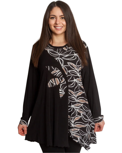 Черна туника с флорални мотиви и асиметрична кройка - Maxi Market