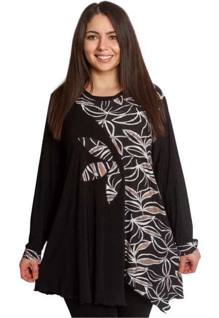 Черна туника с флорални мотиви и асиметрична кройка - Maxi Market