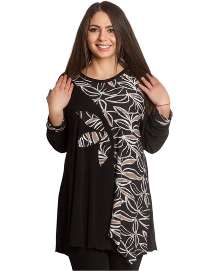 Черна туника с флорални мотиви и асиметрична кройка - Maxi Market