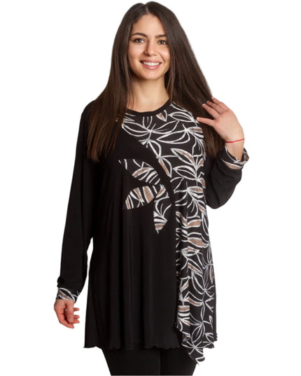 Черна туника с флорални мотиви и асиметрична кройка - Maxi Market