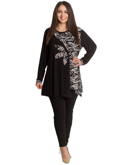 Черна туника с флорални мотиви и асиметрична кройка - Maxi Market