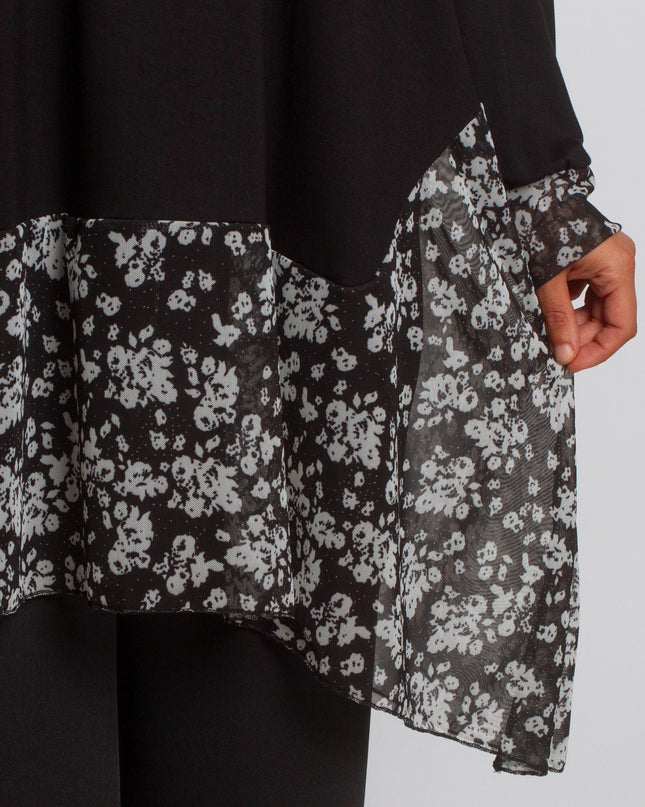 Tunică asimetrică din șifon cu căptușeală și model floral