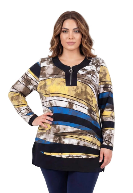 Дълга макси туника с цип и шарен десен, комбиниращ жълто, синьо и кафяво, представена отпред върху модел на бял фон.