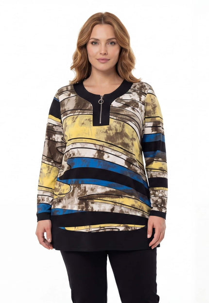 Дълга макси туника с цип и шарен десен в жълти и сини нюанси, заснета отпред върху модел в цял ръст.